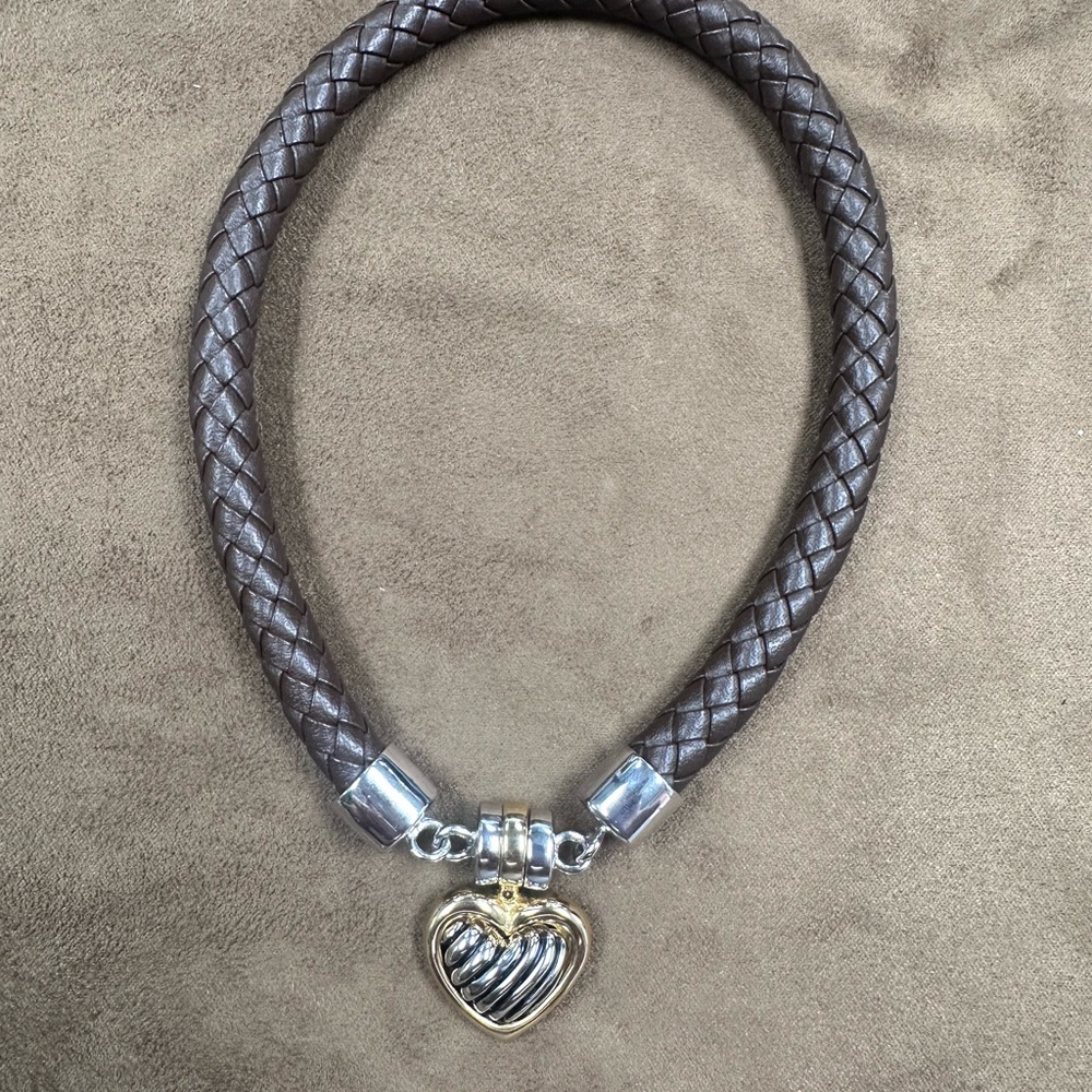 Brown Braided Necklace with Heart Pendant